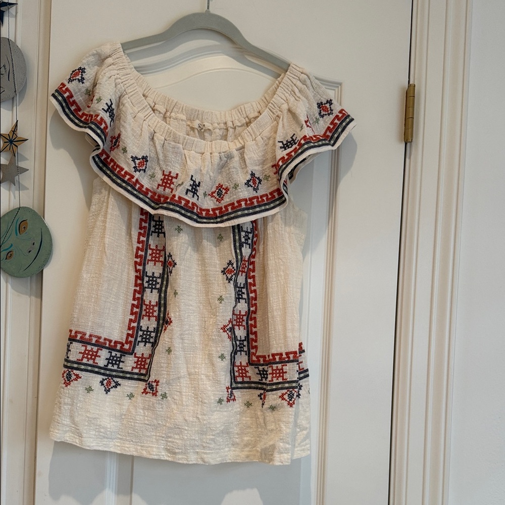 Embroidered Off-Shoulder Blouse in Cream with orange and Blue Accents